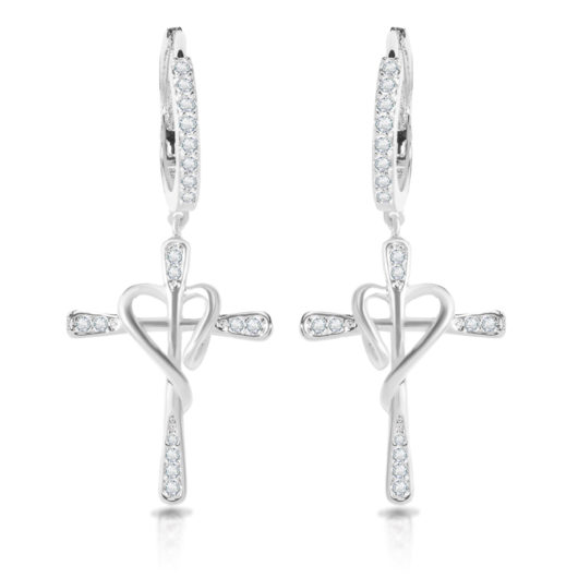 Pave Cross Heart Earrings (with Pave Lever Back) - Silver