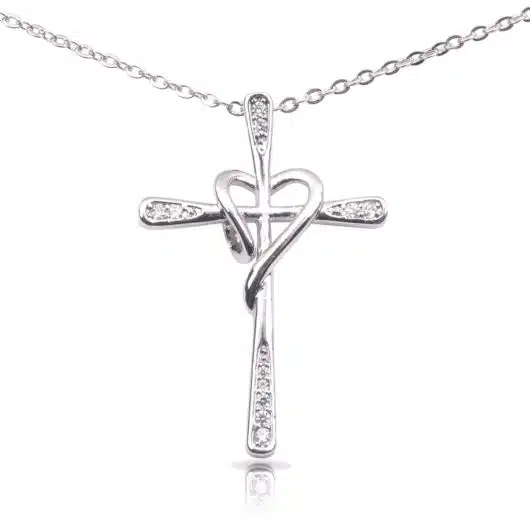 Pave Cross Heart Necklace - Silver