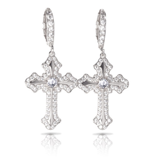 Ornate Pave Cross Earrings (with Pave Lever Back) - Silver