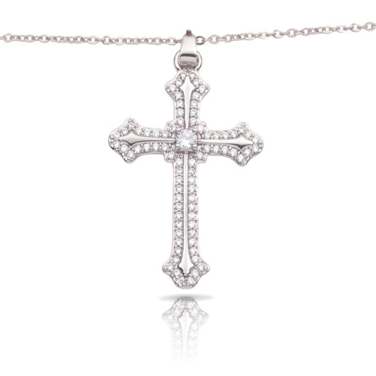 Ornate Pave Cross Necklace - Silver