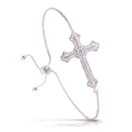 Ornate Pave Cross Pull-Cord Bracelet - Silver