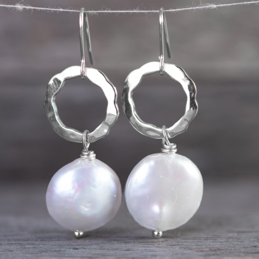 Open Hoop Drop Disc Pearl Earrings - Natural White / Gold