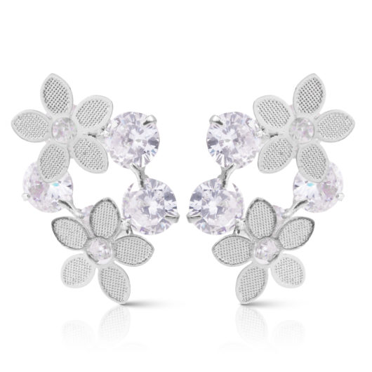 Double Flowers with Crystals Earrings - Silver