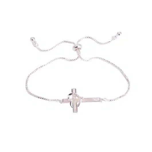 Mop Cross CZ Heart Bracelet in Silver