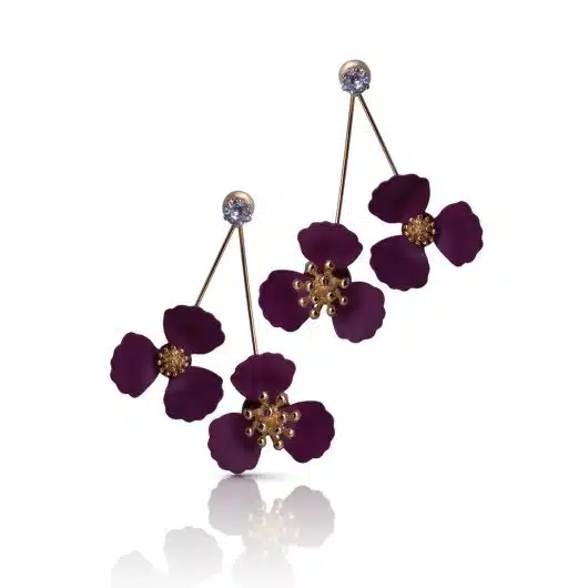 Double Drop Flower w/ Crystal Earrings - Berry