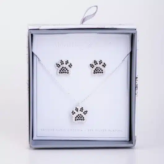 Boxed Earring & Necklace Set Silver Paw Print