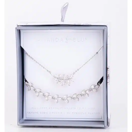 Boxed CZ Necklace & Adjustable Bracelet Set - Silver Vine/Leaves