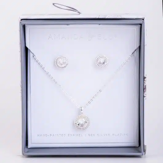 Boxed CZ Earring & Necklace Set - Silver Halo