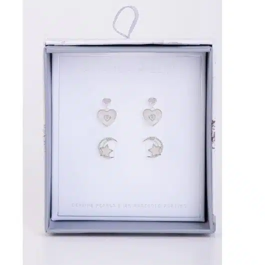 Boxed CZ Earrings Set - Heart Drop/Moon Star
