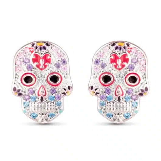 Silver Sugar Skull Earrings Pink/Blue