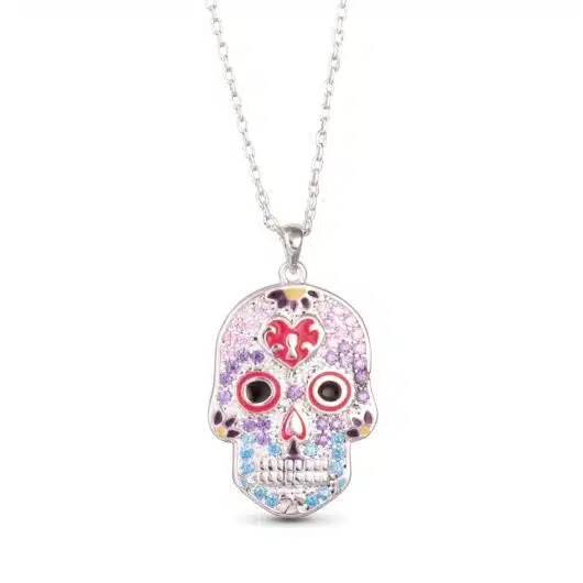 Silver Sugar Skull Necklace Pink/Blue