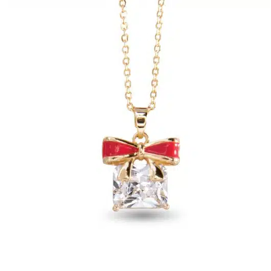 Gold CZ Gift with Red Bow Necklace