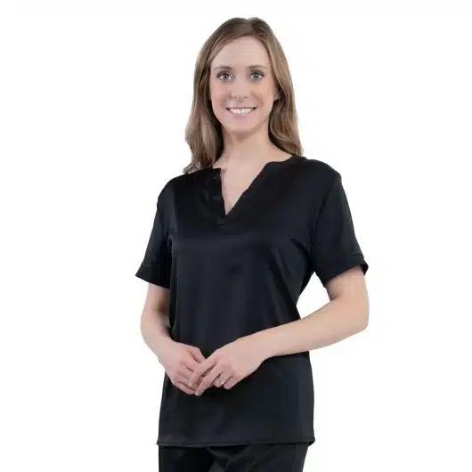 Black Satin Short Sleeve V Neck Top