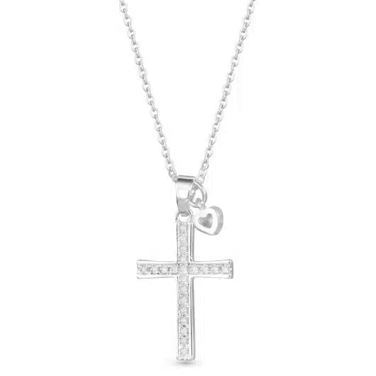 Pave Cross with Heart Droplet Necklace