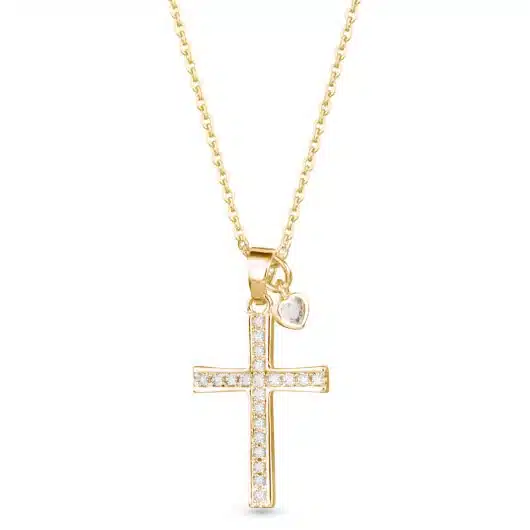 Pave Cross with Heart Droplet Necklace
