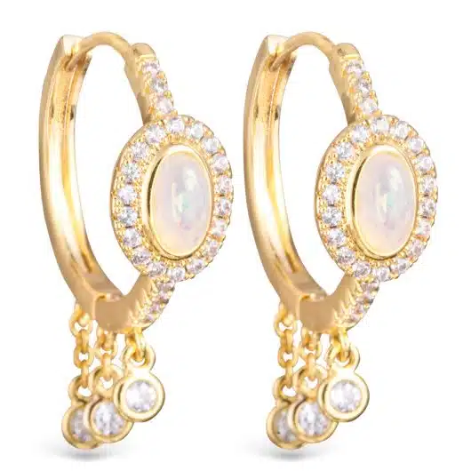 CZ and Oval Opal Huggie with CZ Droplets