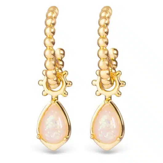 Gold Bead Huggie with Pear Shaped Opal Droplet