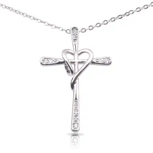 Pave Cross Heart Necklace - Silver