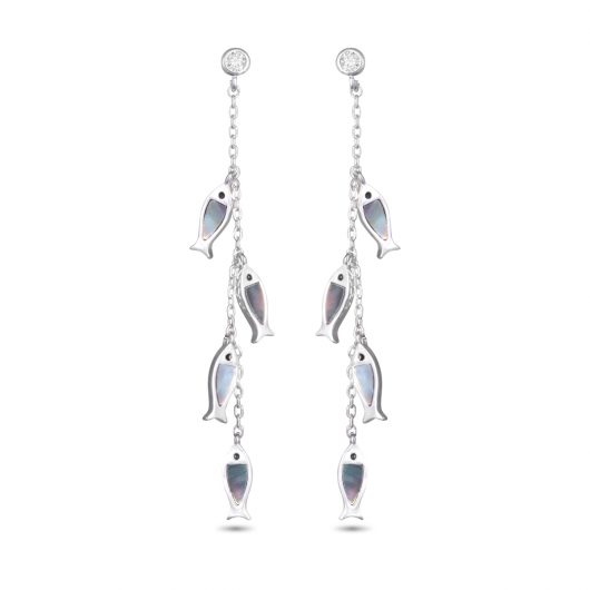 Grey Mother of Pearl Four Fish Chain Drop Earrings