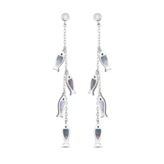 Grey Mother of Pearl Four Fish Chain Drop Earrings