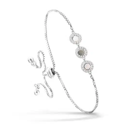 CZ and Grey Mother of Pearl Triple Circle Pull-Cord Bracelet