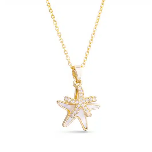 Mother of Pearl and CZ Double Starfish Necklace
