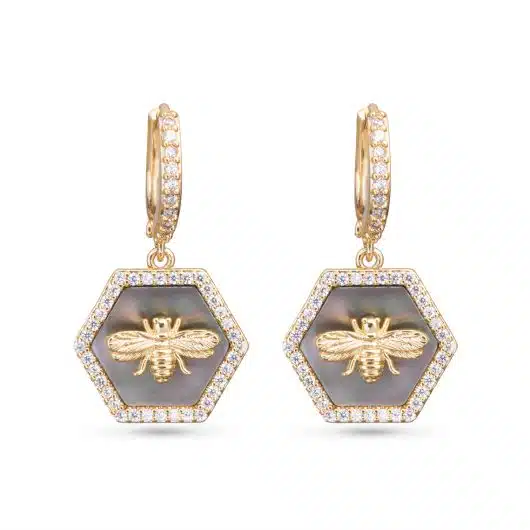 Hexagon Grey Mother of Pearl and CZ with Bee Earrings - Gold