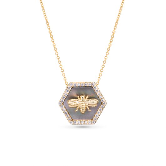 Hexagon Grey Mother of Pearl and CZ with Bee Necklace