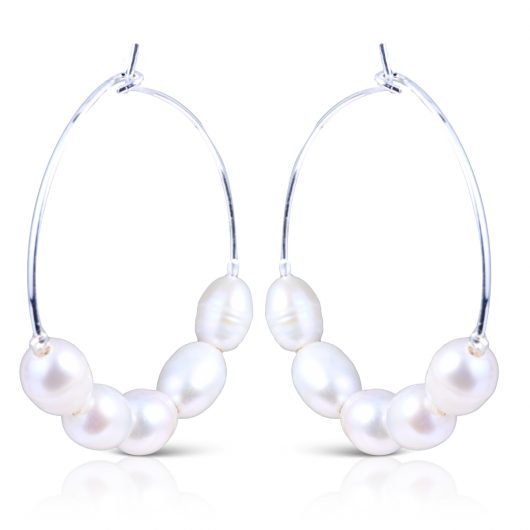 Silver/White 5-Pearl Hoop Earrings