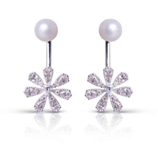 Pearl with Drop CZ Flower Earrings