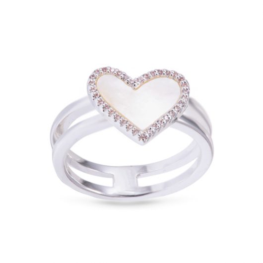 MOP Heart Double Band Ring Size 8 in Silver