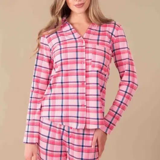 Navy and Pink Plaid Pajama Top | Cloud Plush Long Sleeve PJs