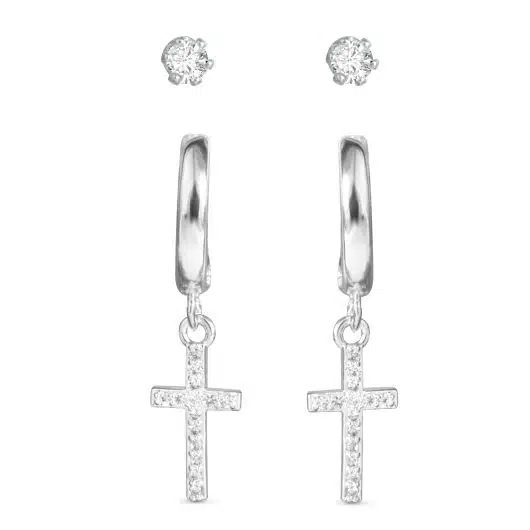 Cross CZ Huggie and CZ Stud Duo Earrings - Silver