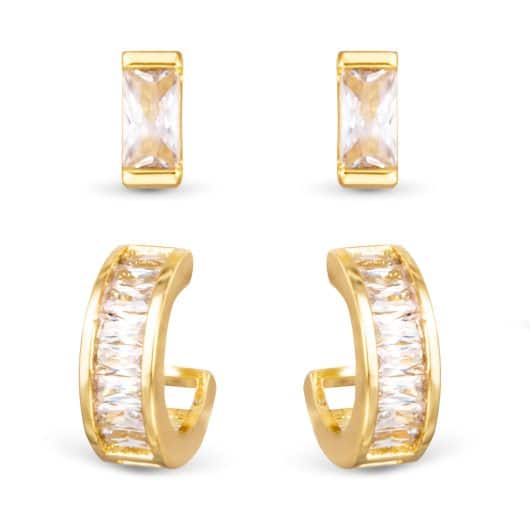 CZ Baguette Huggie and Stud Duo Earrings - Gold