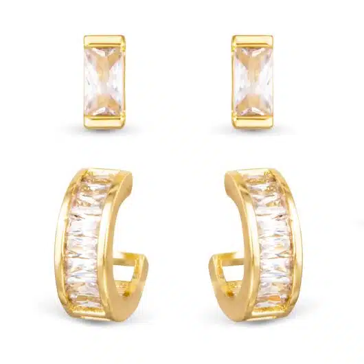 CZ Baguette Huggie and Stud Duo Earrings - Gold