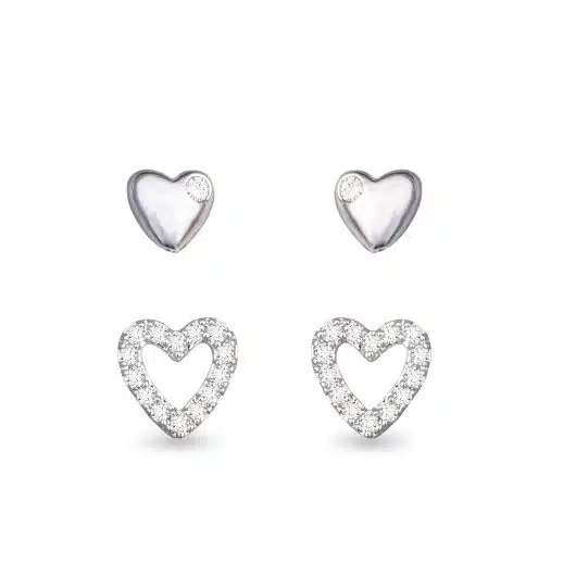 Mini Heart and CZ Open Heart Duo Earrings - Silver