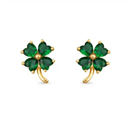 Gold Green CZ 4 Leaf Clover Earrings