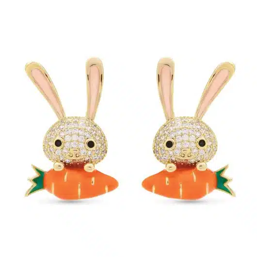 Gold Micro CZ Easter Bunny With Enamel Carrot Earrings