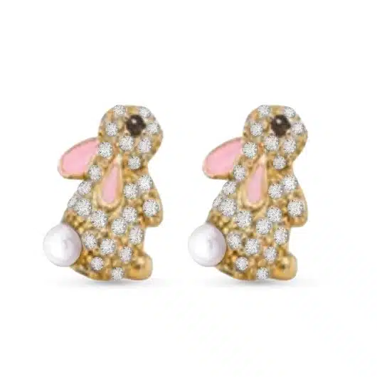 Gold CZ Bunny With Pearl Tail Earrings