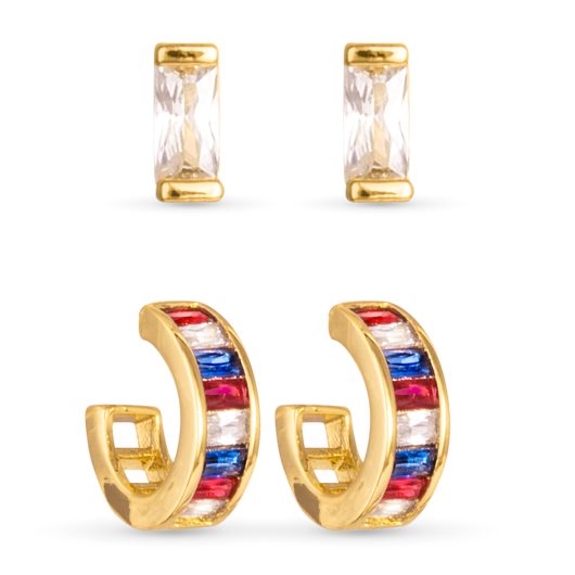 Gold Red White Blue CZ Baguette Hoop & Stud Duo Earrings | 4th of July Jewelry