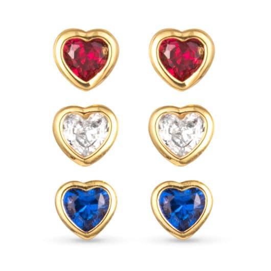 Gold Red White Blue CZ Hearts Stud Trio Earrings | 4th of July Jewelry