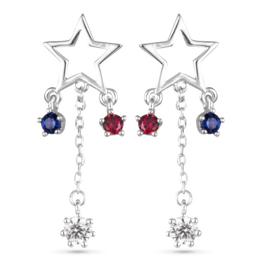 Silver Red White Blue Crystal Shooting Star Drop Earrings | 4th of July Jewelry