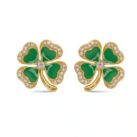 Gold CZ & Enamel 4 Leaf Clover Earrings