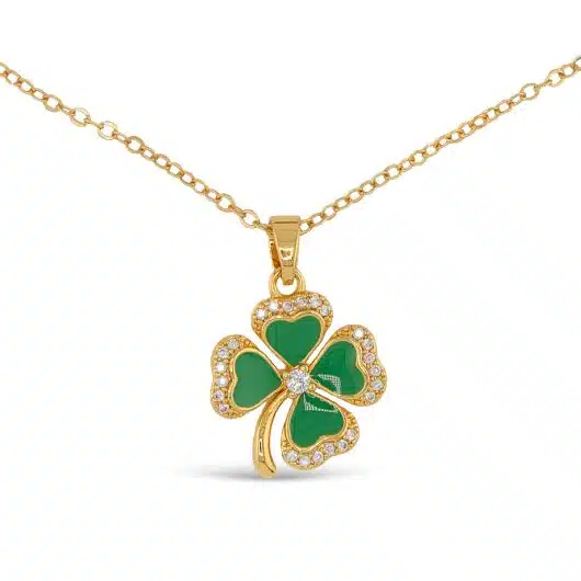 Gold CZ & Enamel 4 Leaf Clover Necklace