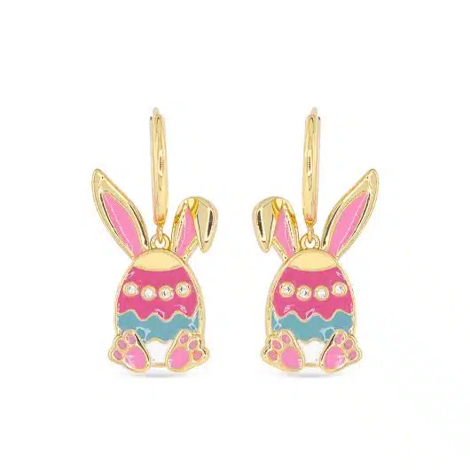 Gold CZ &  Enamel Bunny Egg Hoop Dangle Earrings
