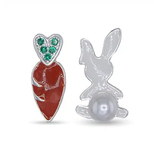Silver CZ Enamel & Pearl Bunny/Carrot Earrings