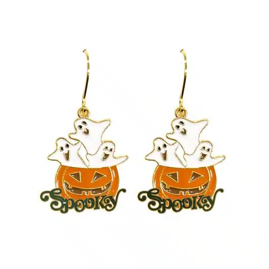 Gold Enamel Spooky Ghost Pumpkin Earrings