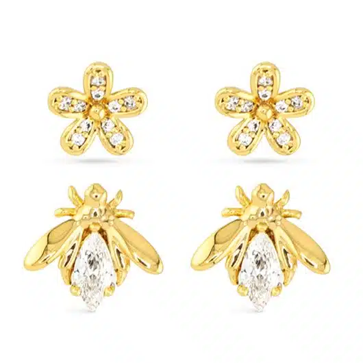 Flower and Bee duo Gold Duo Earrings