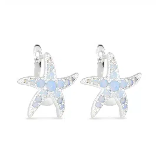 Silver CZ Blue Starfish Hoop Earrings