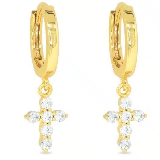 Gold CZ Mini Cross Hoop Earrings